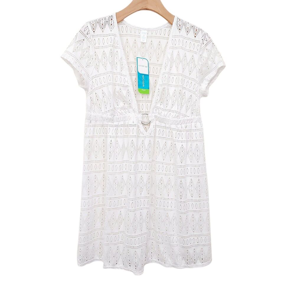 Tropical Escape Swim Cover Up Womens Medium White Ring Accent Knit Crochet Boho